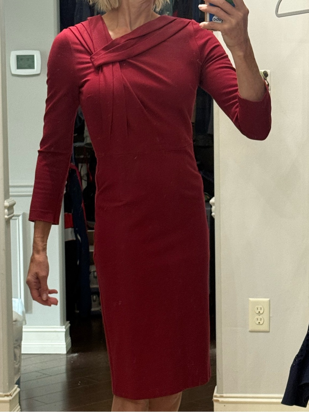 Neiman Marcus Burgundy Long-Sleeve Twist/Pleat-Detail Sheath Dress